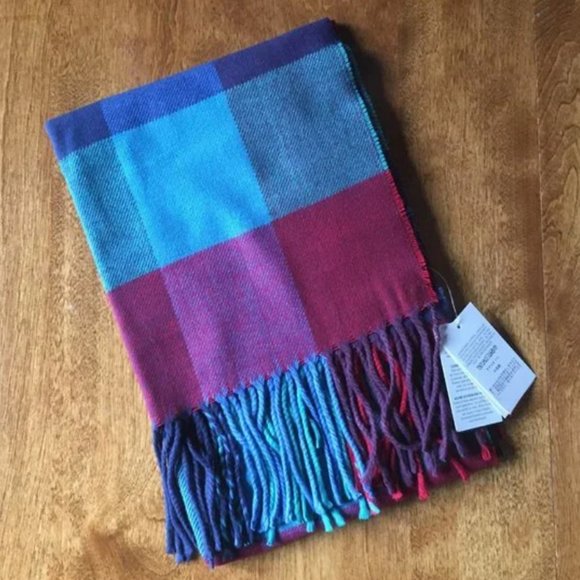 Lands End Current Red and Blue Buffalo Check Plaid Scarf, Cashmere-Like - Picture 1 of 6